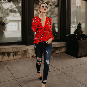 Floral Red Long Sleeve V-Neck Autumn Shirt Tops