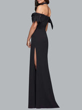 Load image into Gallery viewer, Off Shoulder Bowknot Side Slit Plain Evening Dress