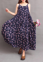 Load image into Gallery viewer, Vintage Linen Floral Print Loose Bohemia Beach Maxi Dress