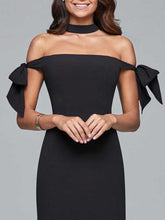 Load image into Gallery viewer, Off Shoulder Bowknot Side Slit Plain Evening Dress