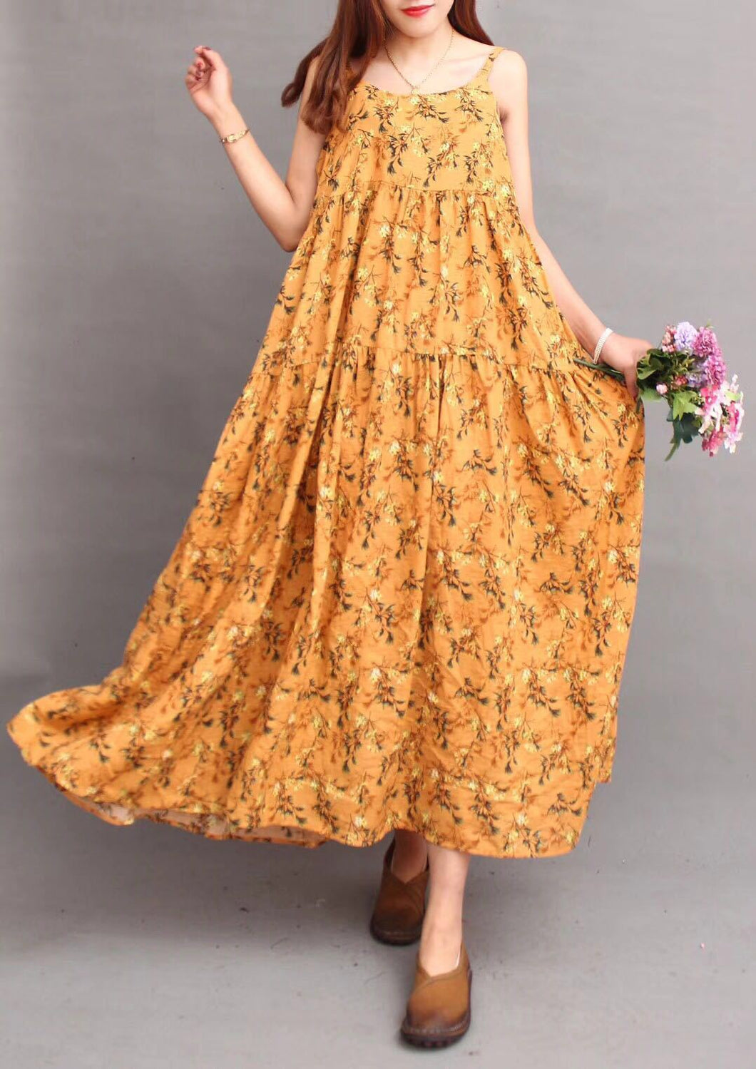 Vintage Linen Floral Print Loose Bohemia Beach Maxi Dress