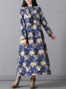 Casual Loose Floral Printed Stand Collar Women Dresses