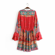 Load image into Gallery viewer, Boho Red Floral Print Flare Sleeve Mini Dress