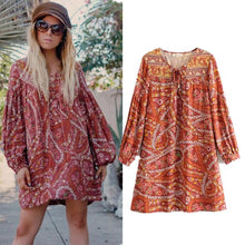 Load image into Gallery viewer, Retro Boho Lace Up V-Neck Floral Print Mini Dress