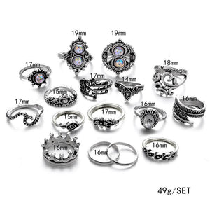 Heart-Shaped Flower Large Gemstone Crown Vintage Carved 16-Piece Set Ring