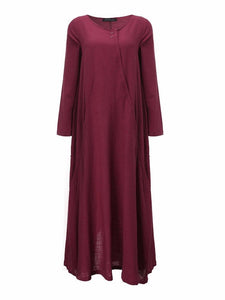 Women Vintage Cotton Tunic Loose Large Size Long Sleeve Maxi Dress