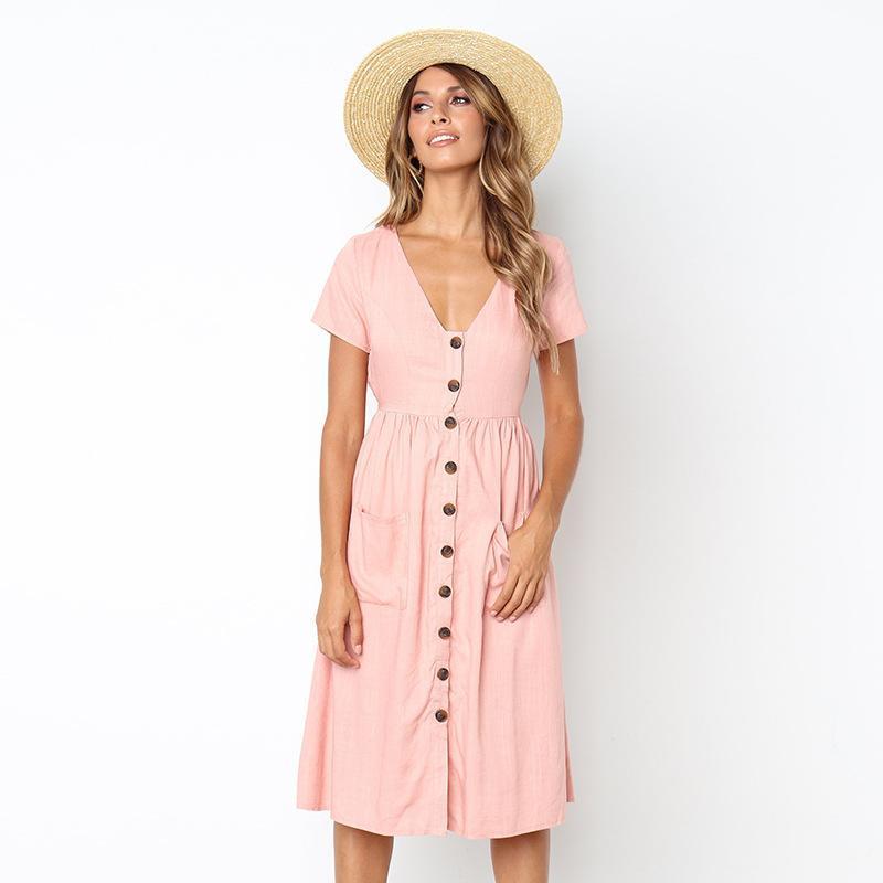Summer Solid Color Short Sleeve Button Midi Dress