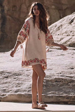 Load image into Gallery viewer, Floral Embroidery V-neck Tassel Puff Sleeves Boho Mini Dress