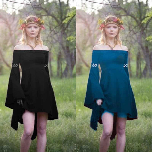 Off Shoulder Long Flared Sleeve Solid Color Mini Dress