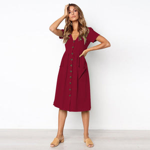 Summer Solid Color Short Sleeve Button Midi Dress