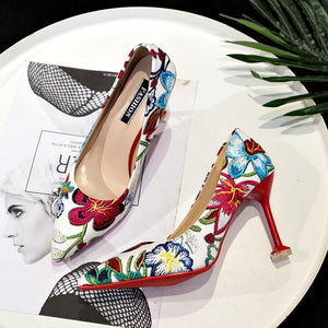 Pointed Heels High Heel Stiletto Flowers Retro Embroidery Shoes