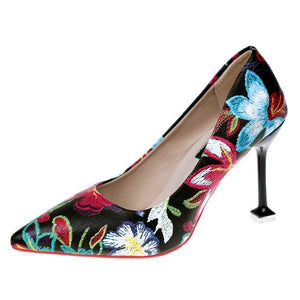 Pointed Heels High Heel Stiletto Flowers Retro Embroidery Shoes