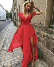 Load image into Gallery viewer, Red V Neck Irregular Maxi Dress