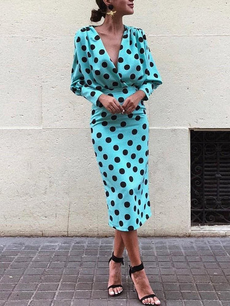 Sexy Deep V-neck Long Sleeve Polka Midi Dress