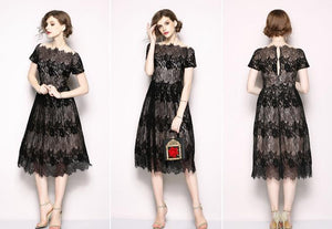Black Lace Word Collar Party Evening Flat Shoulder Dress