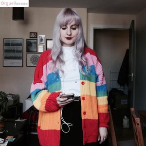 Colorful Rainbow Striped Long Sleeve Button Cardigan Sweater