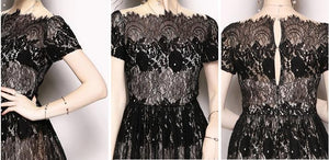 Black Lace Word Collar Party Evening Flat Shoulder Dress