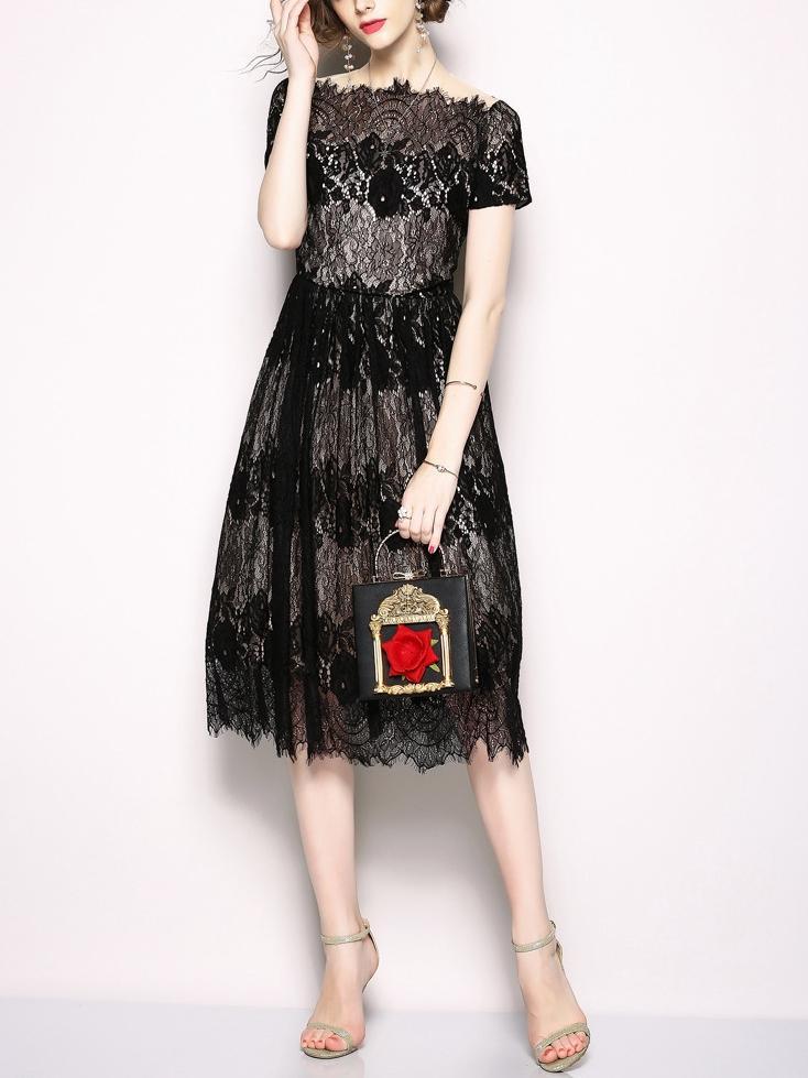 Black Lace Word Collar Party Evening Flat Shoulder Dress