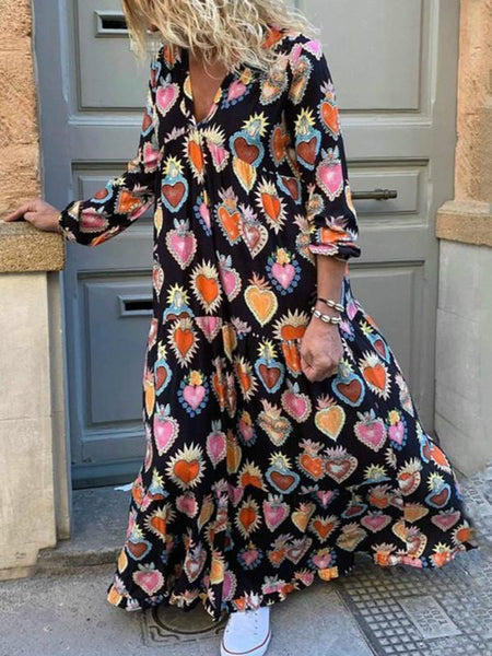 Red Sweet Boho Elegant Plus Size 5XL Party Summer Women Long Dresses Casual Heart Print Vintage Female Chic Retro Maxi Dress