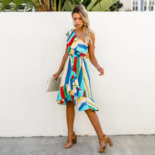 Load image into Gallery viewer, Sloping Shoulder Strapless Lace-Up Irregular Rainbow Striped Dress