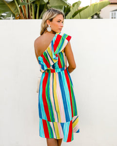 Sloping Shoulder Strapless Lace-Up Irregular Rainbow Striped Dress
