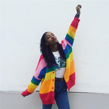 Load image into Gallery viewer, Colorful Rainbow Striped Long Sleeve Button Cardigan Sweater