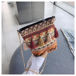 Bohemian National Style Weaving Tassel Bucket Bag Shoulder Bag Crossbody Bag