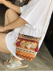 Bohemian National Style Weaving Tassel Bucket Bag Shoulder Bag Crossbody Bag