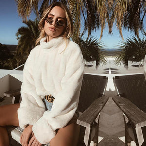 Casual Long Sleeve Turtleneck White Soft Plush Pullover Tops