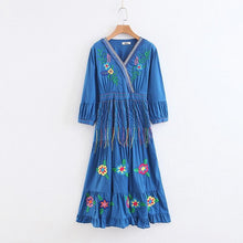 Load image into Gallery viewer, Boho Gypsy Floral Embroidery V Neck Maxi Dress