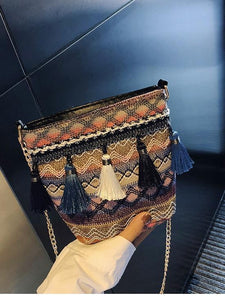 Bohemian National Style Weaving Tassel Bucket Bag Shoulder Bag Crossbody Bag