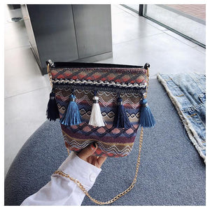 Bohemian National Style Weaving Tassel Bucket Bag Shoulder Bag Crossbody Bag