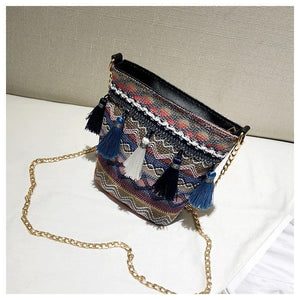 Bohemian National Style Weaving Tassel Bucket Bag Shoulder Bag Crossbody Bag