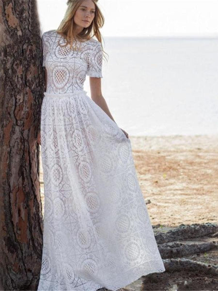 Classical Solid Color White Hollow Maxi Dress