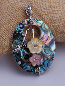 Oval Two Flowers Abalone Shell Necklace Pendant