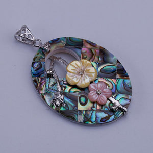 Oval Two Flowers Abalone Shell Necklace Pendant