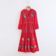 Load image into Gallery viewer, Boho Gypsy Floral Embroidery V Neck Maxi Dress