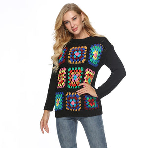 Boho Handmade Square Pattern Knit Stiching Sweater