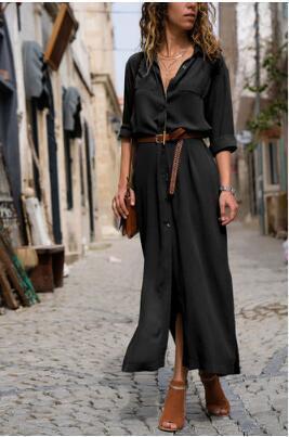 Solid Color Long Sleeve Button Belted Shirt Dress