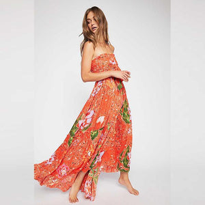 Sexy Bohemian V-Neck Print Slits Chiffon Orange Beach Dress