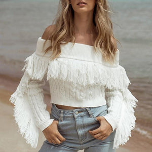 Tassel White Knitted Long Sleeve Sexy Pullover Short Sweater