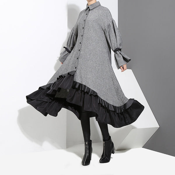 Dress temperament women's long sleeve ruffled shirt dress.