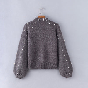 Bead Lantern Sleeve Knitted Sweater Pullover