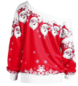 Santa Claus Print Oblique Shoulder Long Sleeve Tops