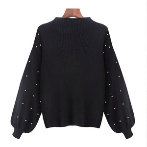 Casual Autumn Turtleneck Beading Knitted Pearl Pullover