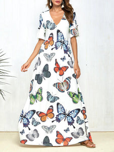 Print Butterfly Short Sleeve V-neck boho long Dress