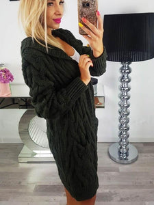 Long Hooded Open Front Solid Color Knitted Sweater Cardigan