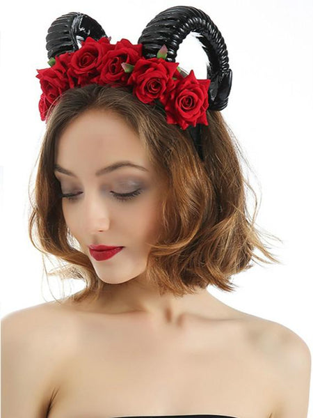 Velvet Rose Black Horn Wide Hair Hoop Animal Headband Halloween Headdress