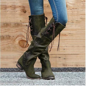Vintage Chunky Heels Luce-up Knee High Boots