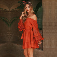 Load image into Gallery viewer, Bohemian Fringed Trumpet Sleeve Belt Off-The-Shoulder Dress